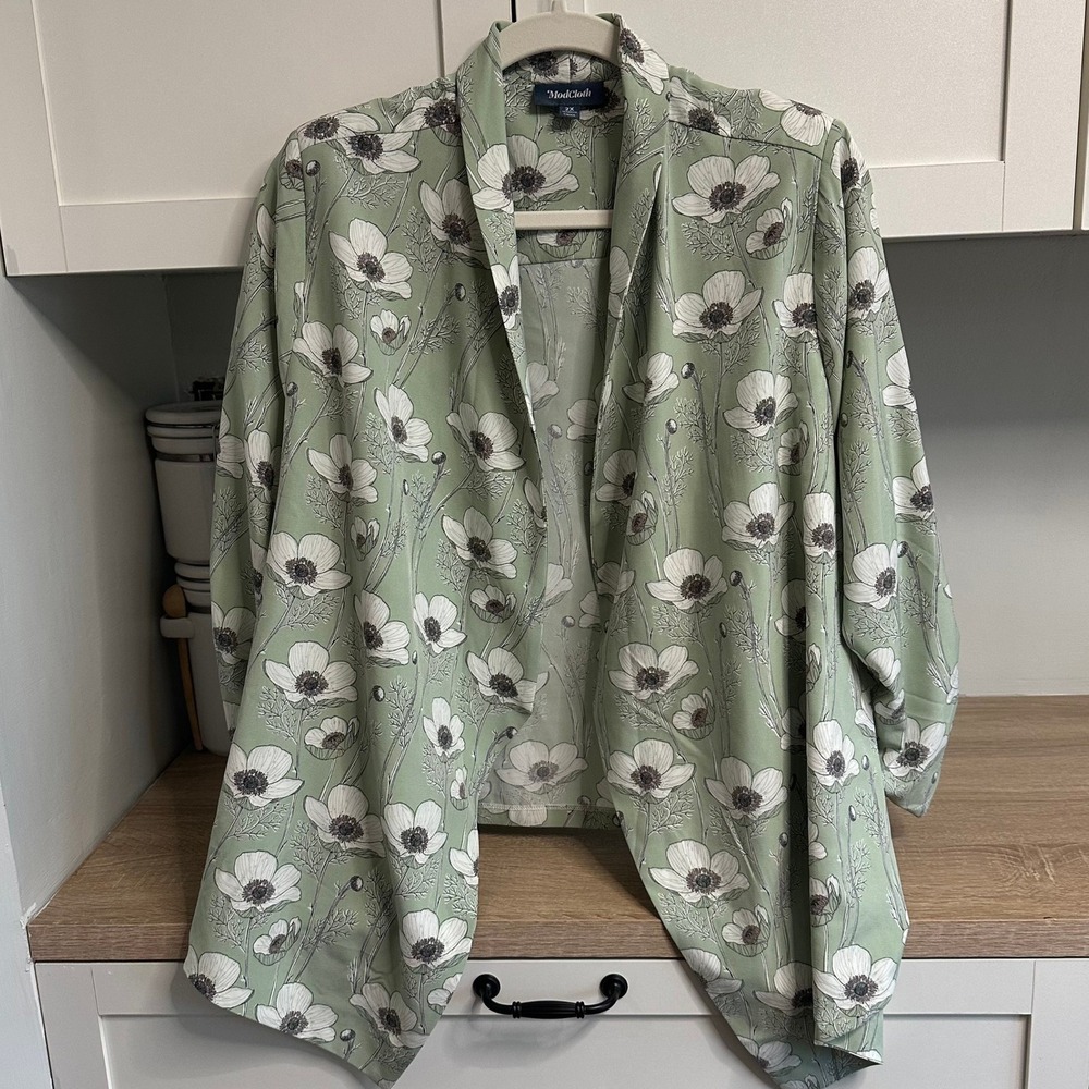 ModCloth Open Front Blazer Womens 2X Green Floral Ruched Sleeve Stretch Whimsy